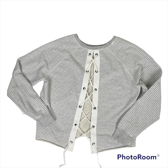 ABERCROMBIE & FITCH Gray Striped Lace-Up Back Sweatshirt Sweater Top Med - Picture 2 of 13
